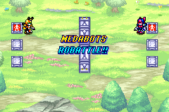 The battle field with the MEDABOTS ROBATTLE!! banner across the middle