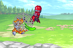 Close-up: a red Medabot grabbing Metabee in a web